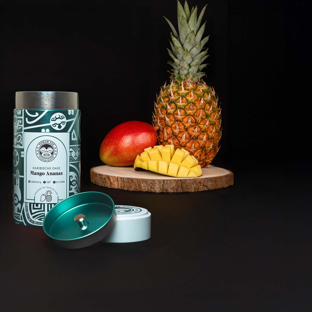 Karibische Oase Teedose mit Mango-Ananas-Tee, Mango und Ananas