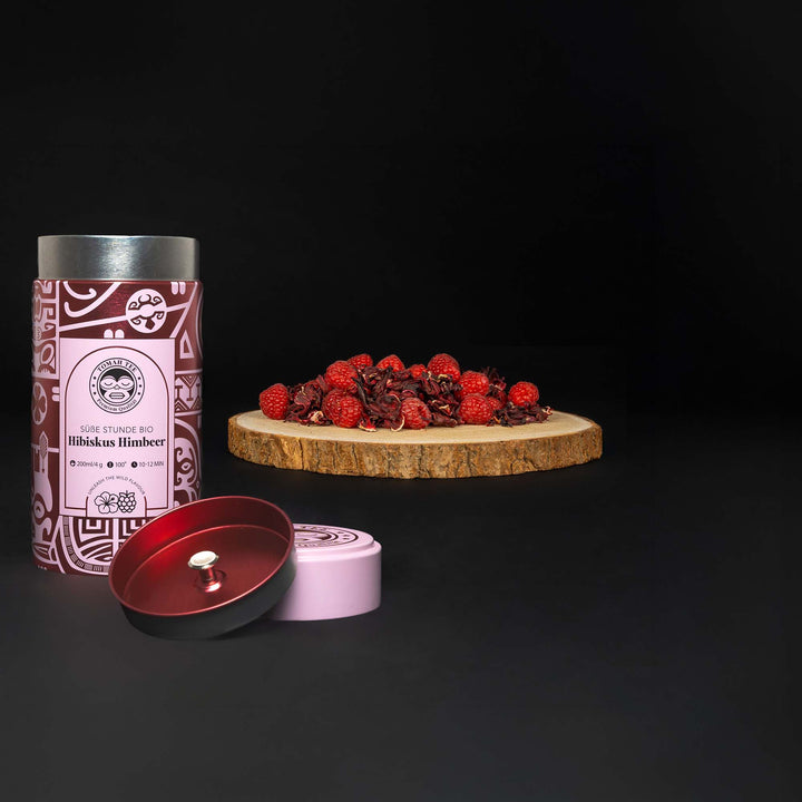 Süße Stunde BIO Teedose mit losem Hibiskus-Himbeer-Tee und fruchtiger Teemischung