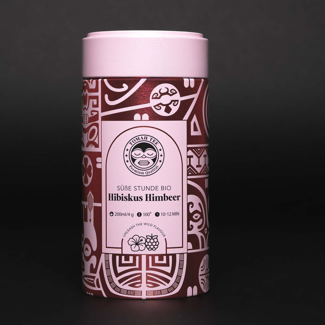 Bio Hibiskus Himbeer Tee „Süße Stunde“ von Tomah Tee in der 100-g-Teedose