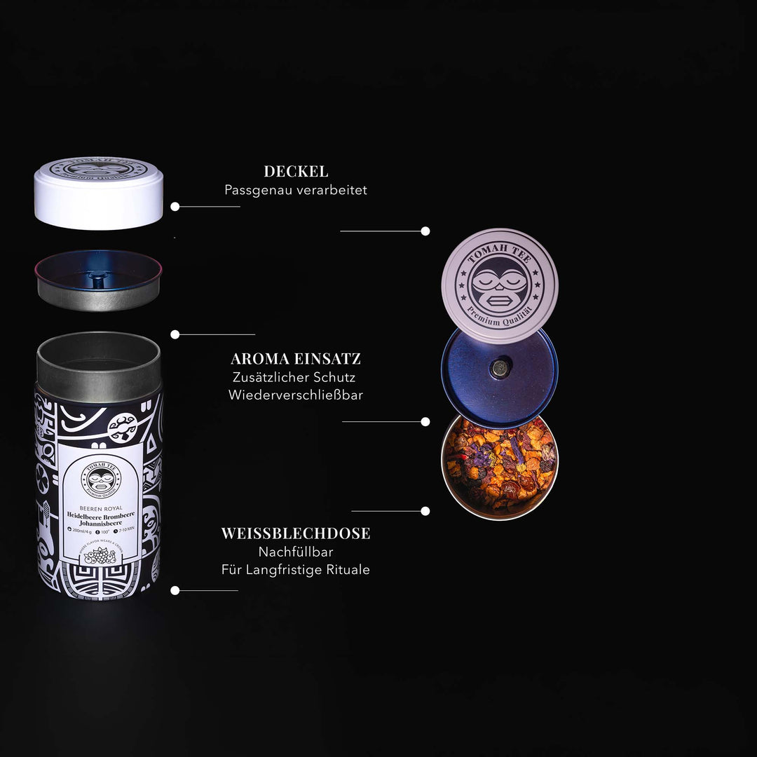 Geöffnete Beeren Royal Teedose mit Deckel und Aromaschutz für losen Früchtetee