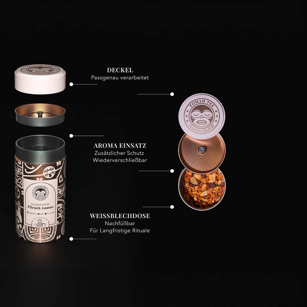 Geöffnete Goldene-Sonne-Teedose mit Deckel und Aromaschutz für losen Früchtetee