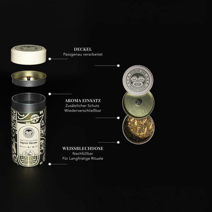 Geöffnete Teedose mit Deckel und Aromaschutz für losen Bio Tee