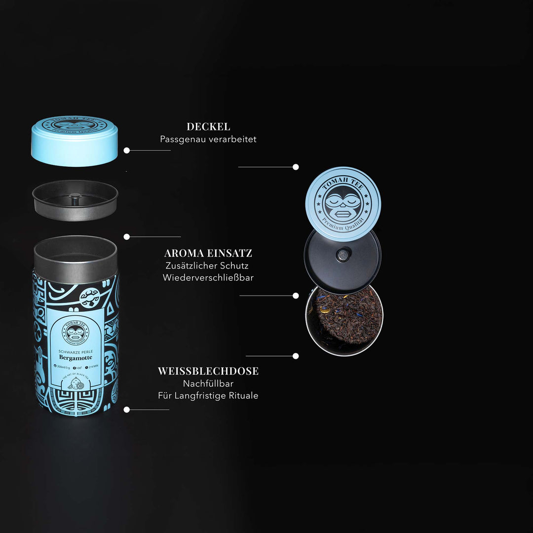Geöffnete Schwarze Perle Teedose mit Deckel und Aromaschutz für losen Schwarztee