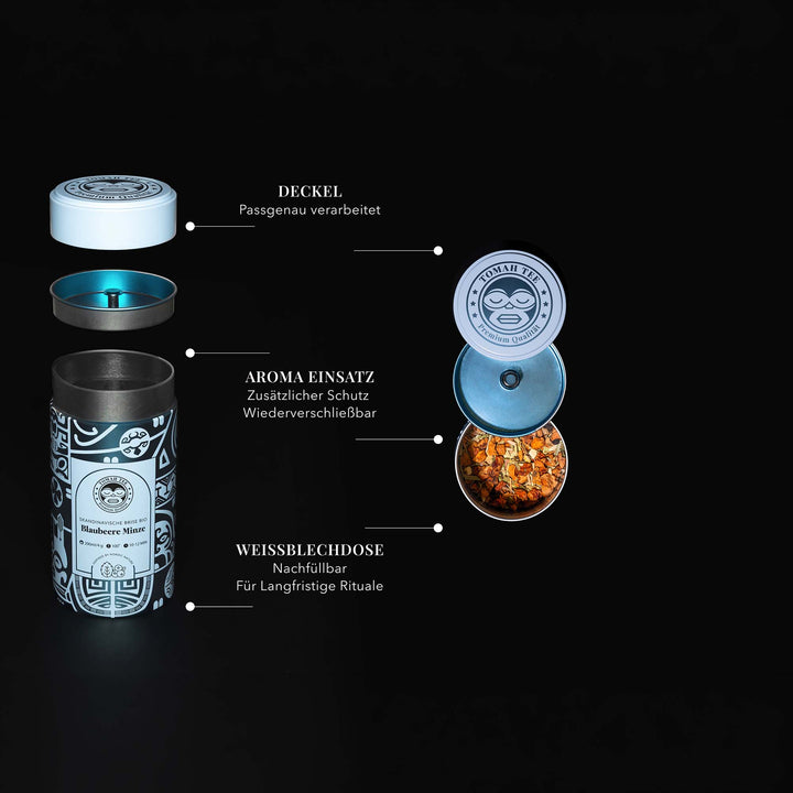 Geöffnete Teedose Skandinavische Brise BIO mit Deckel und Aromaschutz für losen Tee