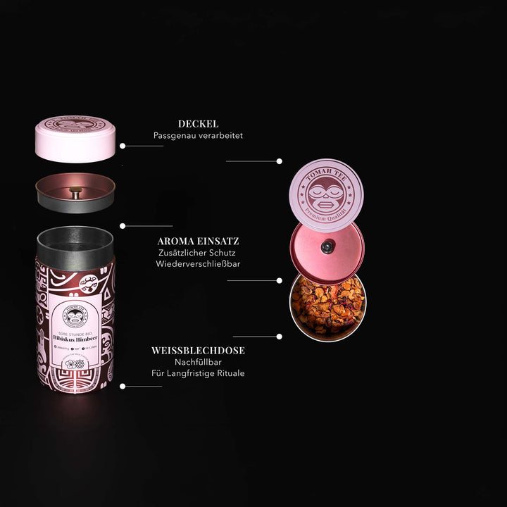 Geöffnete Teedose Süße Stunde BIO mit Deckel und Aromaschutz für losen Tee