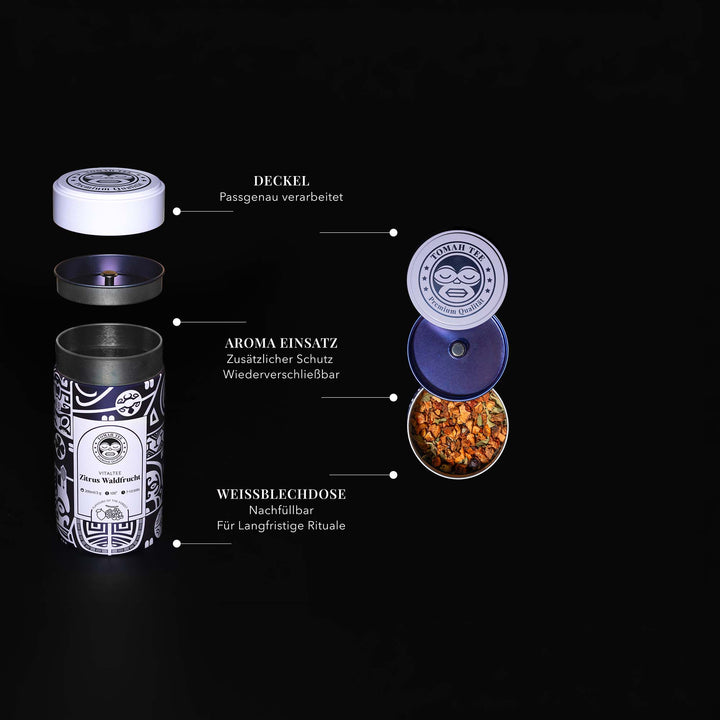 Geöffnete Vitaltee Teedose mit Deckel und Aromaschutz für losen Tee