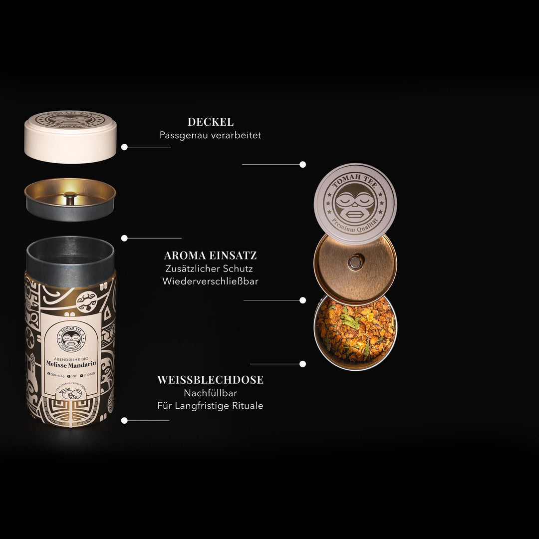 Geöffnete Abendruhe BIO Teedose mit Deckel und Aromaschutz für losen Tee