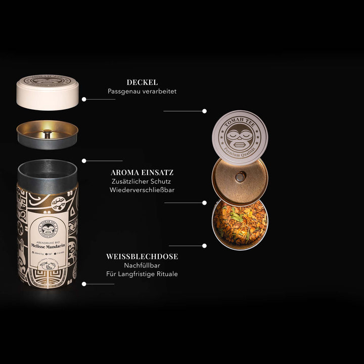 Geöffnete Abendruhe BIO Teedose mit Deckel und Aromaschutz für losen Tee
