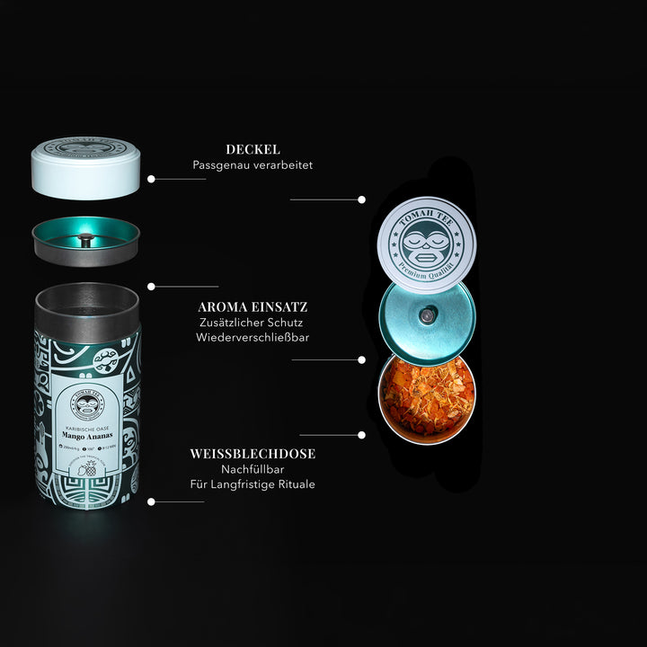 Geöffnete Karibische-Oase-Teedose mit Deckel und Aromaschutz für losen Früchtetee