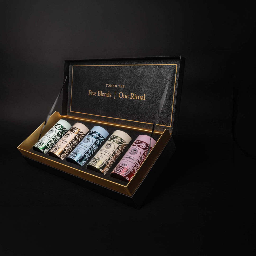 Bio Tee Geschenkbox mit 5 Sorten: Blaubeere-Minze, Rooibos-Mate-Zitrone, Ingwer-Zitrone, Melisse-Mandarine und Hibiskus-Himbeere