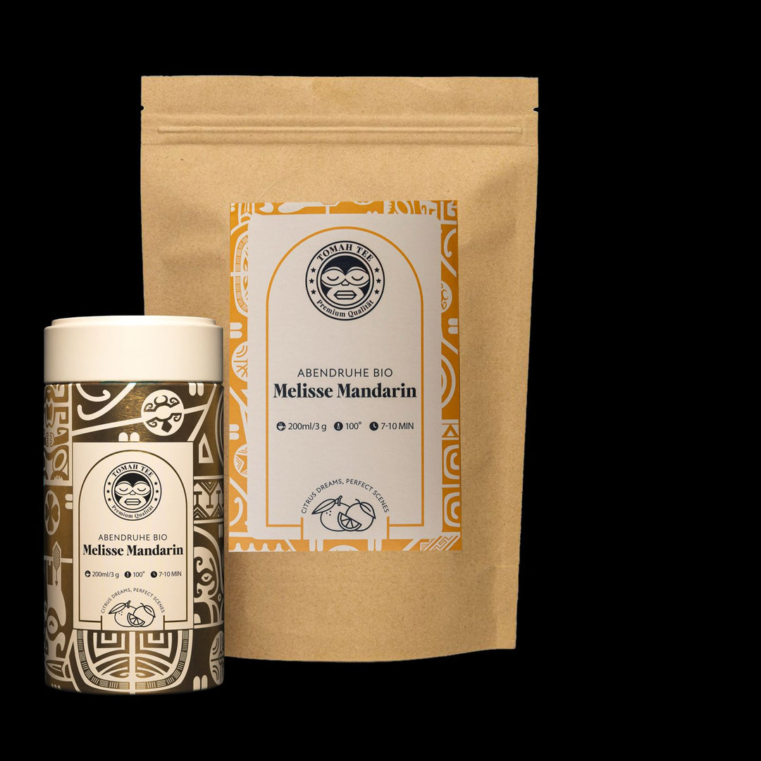 Abendruhe BIO als 100-g-Teedose und 200-g-Nachfüllbeutel mit Melisse und Mandarine