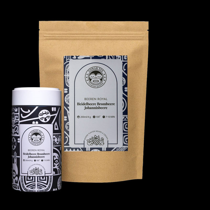 Beeren Royal als 100-g-Teedose und 200-g-Nachfüllbeutel mit Heidelbeere, Brombeere und Johannisbeere