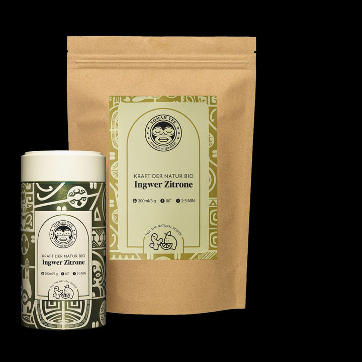 Kraft der Natur BIO als 100-g-Teedose und 200-g-Nachfüllbeutel mit Ingwer und Zitrone