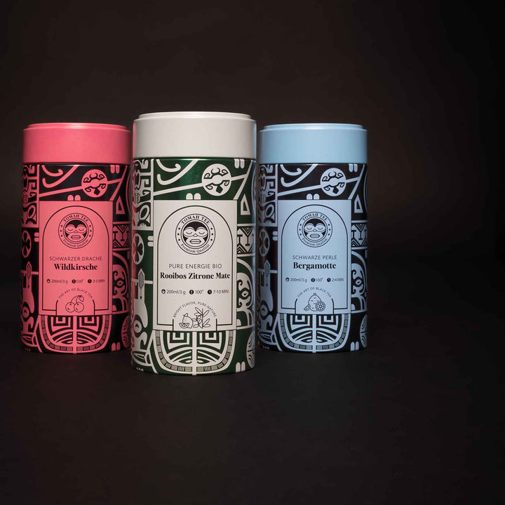 Tomah Tee Rhythmus-Trio mit Schwarzer Drache, Pure Energie BIO und Schwarze Perle in drei Premium-Teedosen