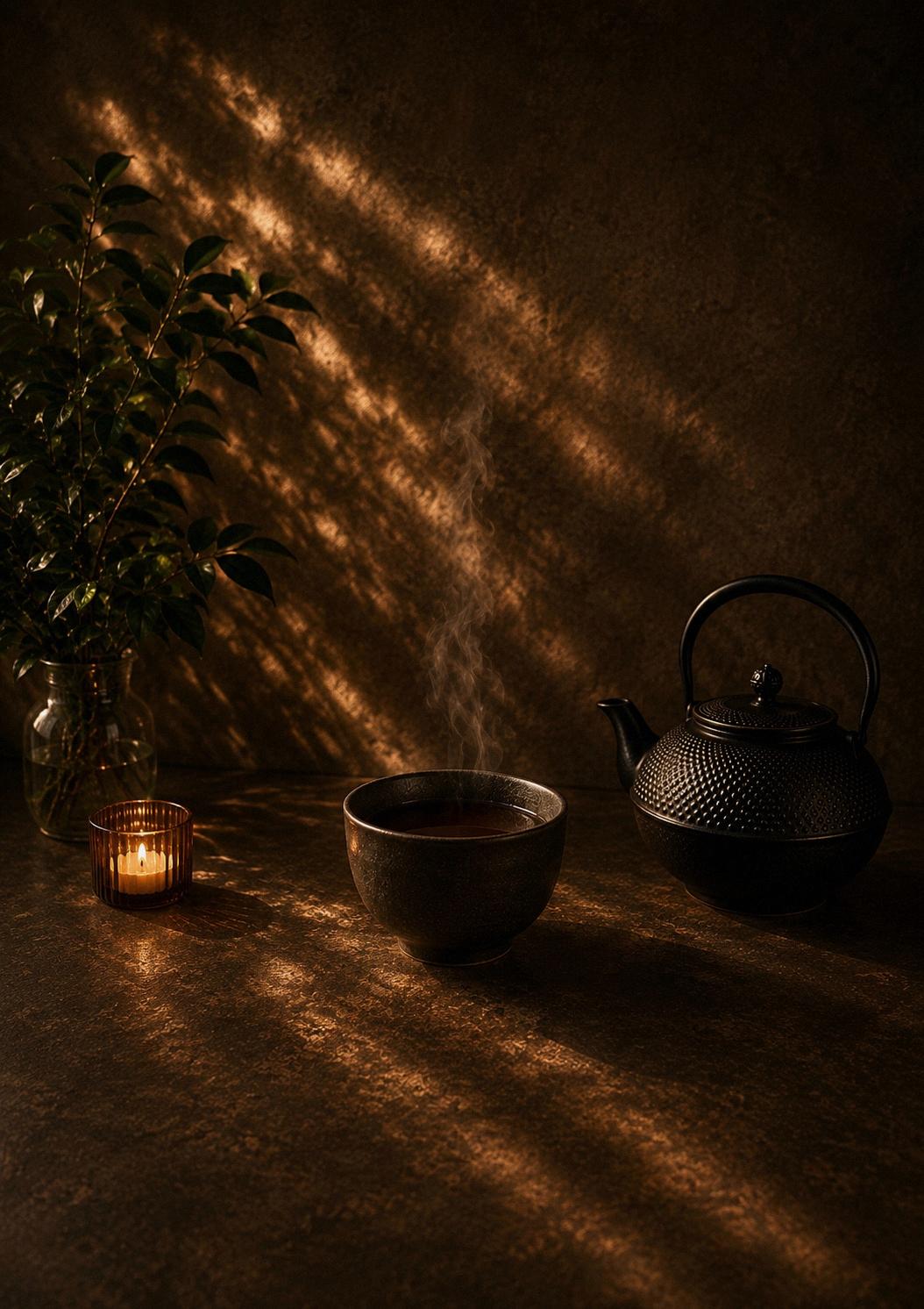 Tasse Tee mit Teekanne und Kerzenlicht in warmer, entspannter Atmosphäre