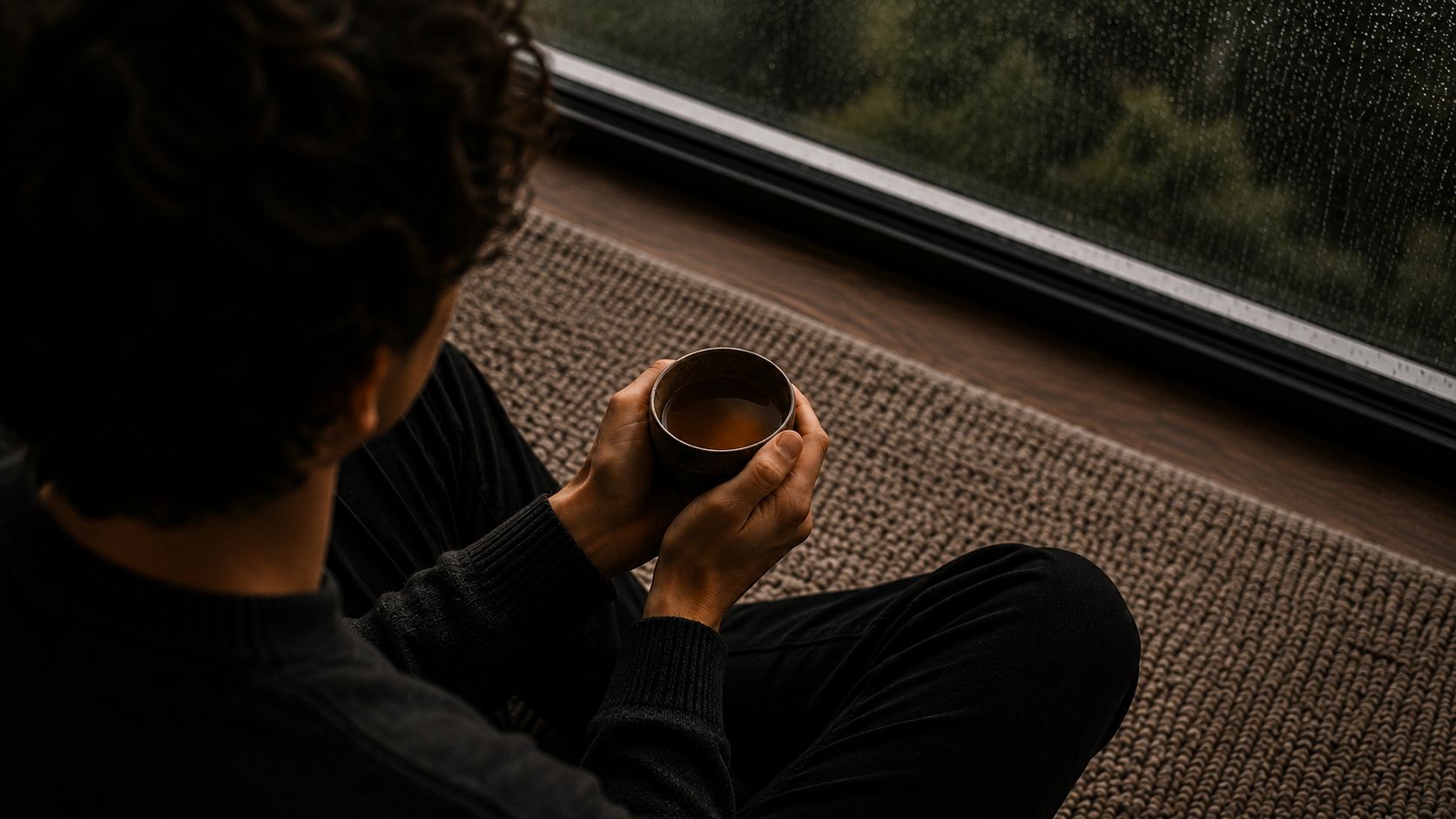 Person mit einer Tasse Tee am Fenster an einem ruhigen Regentag