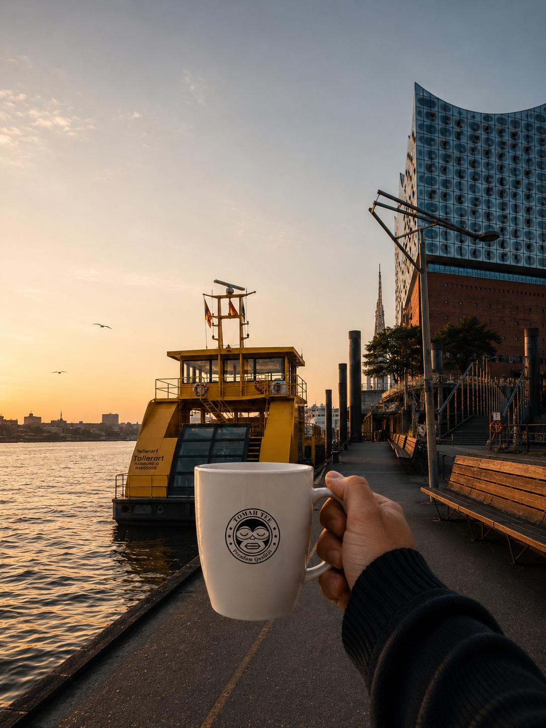 Hamburger Hafen mit Blick auf die Elbphilharmonie und die Elbe