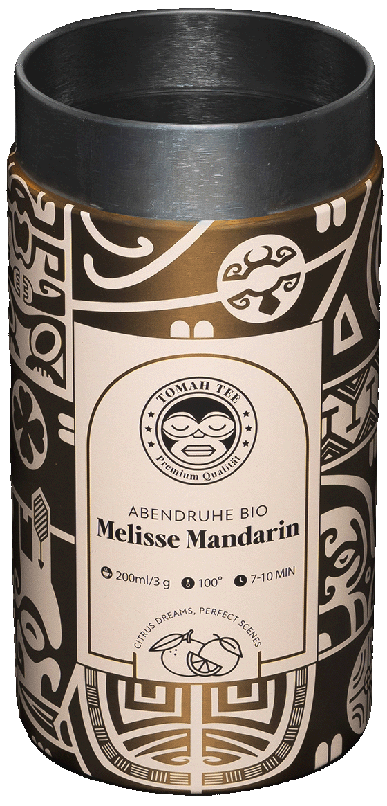 Geöffnete Tomah Tee Teedose Abendruhe BIO mit Melisse und Mandarine ohne Deckel und Aroma Einsatz